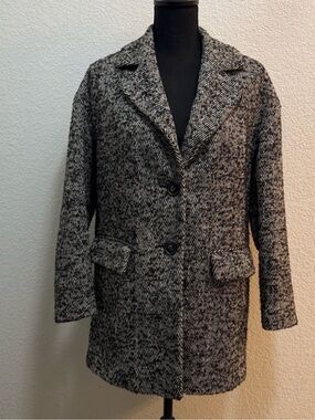 Womens Black & White Herringbone Pea Coat